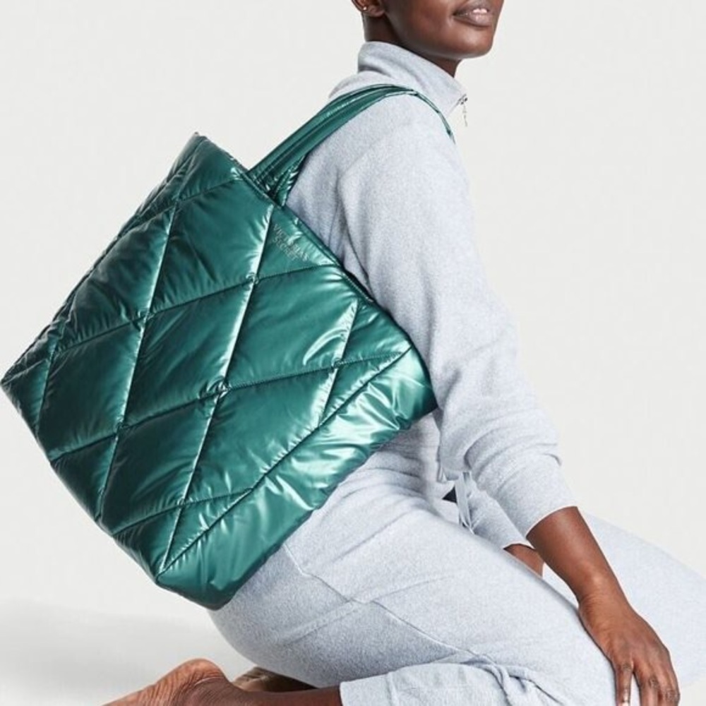 Victoria's Secret Metallic Emerald Teal Puffer Tote Bag